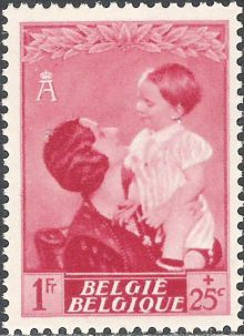 Belgium 1937 Queen Astrid and Prince Baudouin 1F+25c.jpg